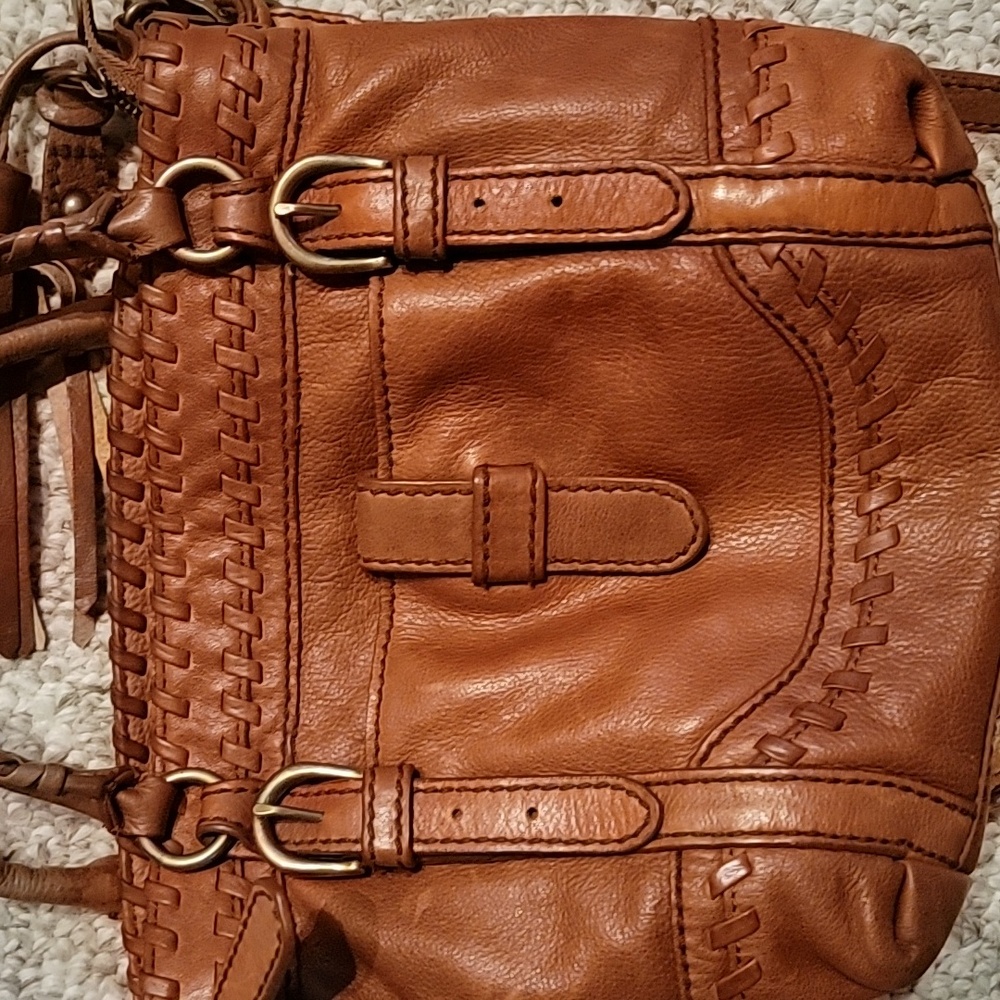 Isabella Fiore Tan Leather Woven-Trim Shoulder Bag with Tassel Accent - Picture 11 of 13